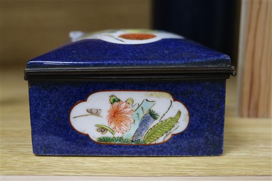 A Samson powder blue ground box and various Chinese hardstone carvings